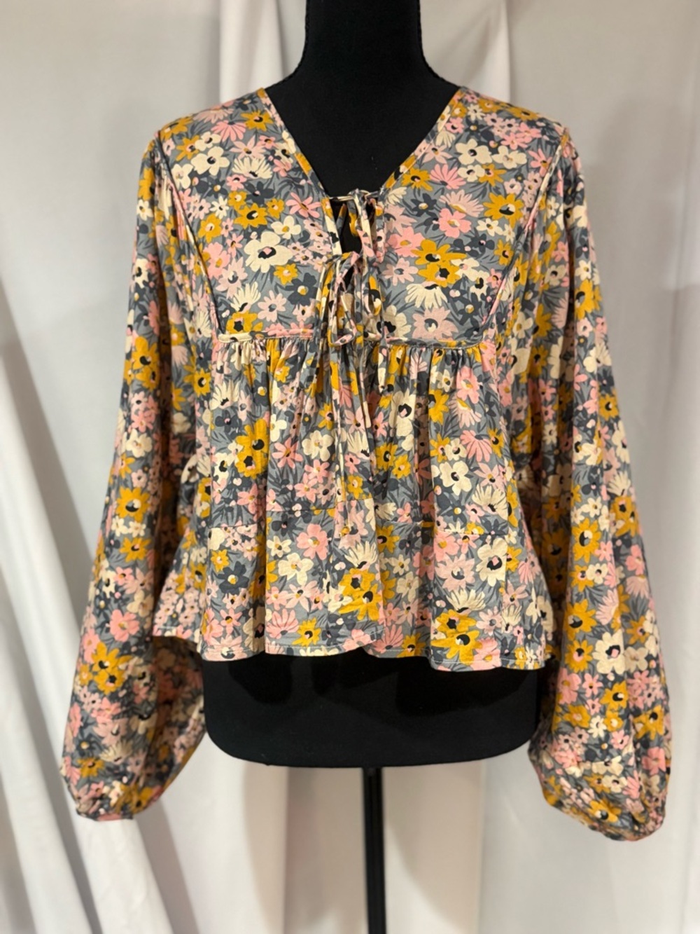 Olivaceous Floral Peasant Blouse in Pink, Yellow & Gray